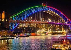 Vivid Sydney Accommodation – Marco Polo Motor Inn Sydney Near the Opera House -Light Show - Free Parking 3 sydney habour bridge lite up for Vivid light show